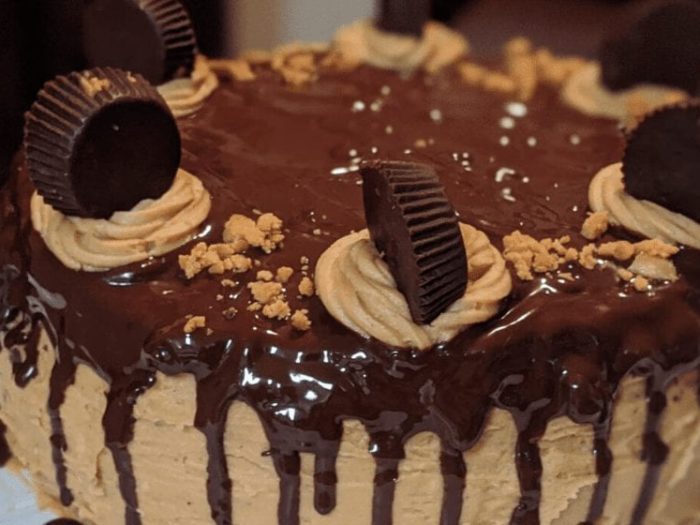 keto chocolate peanut butter cake with peanut butter cups