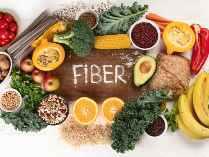 Foods with fiber displayed on a cutting board