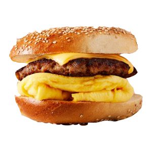 Breakfast Bagel, with fried egg, sausage patty & cheddar cheese