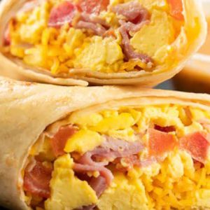 Breakfast Burrito, with ham & white shredded cheddar cheese