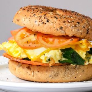 Spinach & Cheddar Omelet on Plain Bagel Breakfast Sandwich