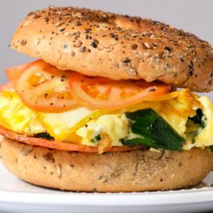 Spinach & Cheddar Omelet with Ham Plain Bagel Breakfast Sandwich