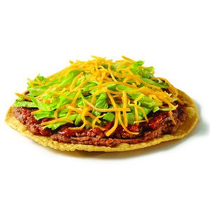 Tostada with Cheddar Cheese, Chili & Refried Beans