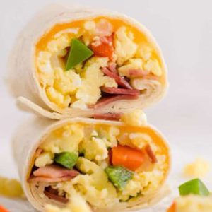 Breakfast Burrito with sausage patty & white shredded cheddar cheese