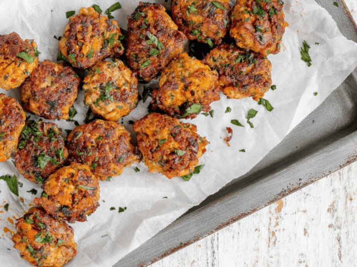 Harissa spiced meatballs on sheet pan